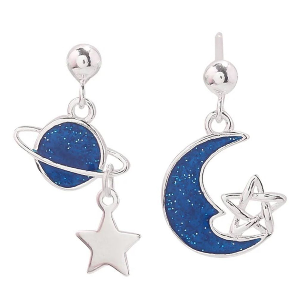 925 Sterling Silver Secret Planet Moon Star Asymmetric Earrings